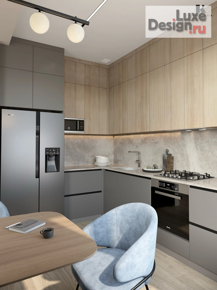 Дизайн интерьера спальни "Кухня гостинная в частном доме. Современный стиль голубые акценты" (фото 8)