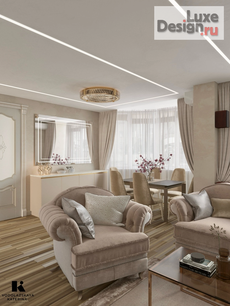 Дизайн интерьера гостиной "Гостиная в бежевых тонах с элементами классики " (фото 3)