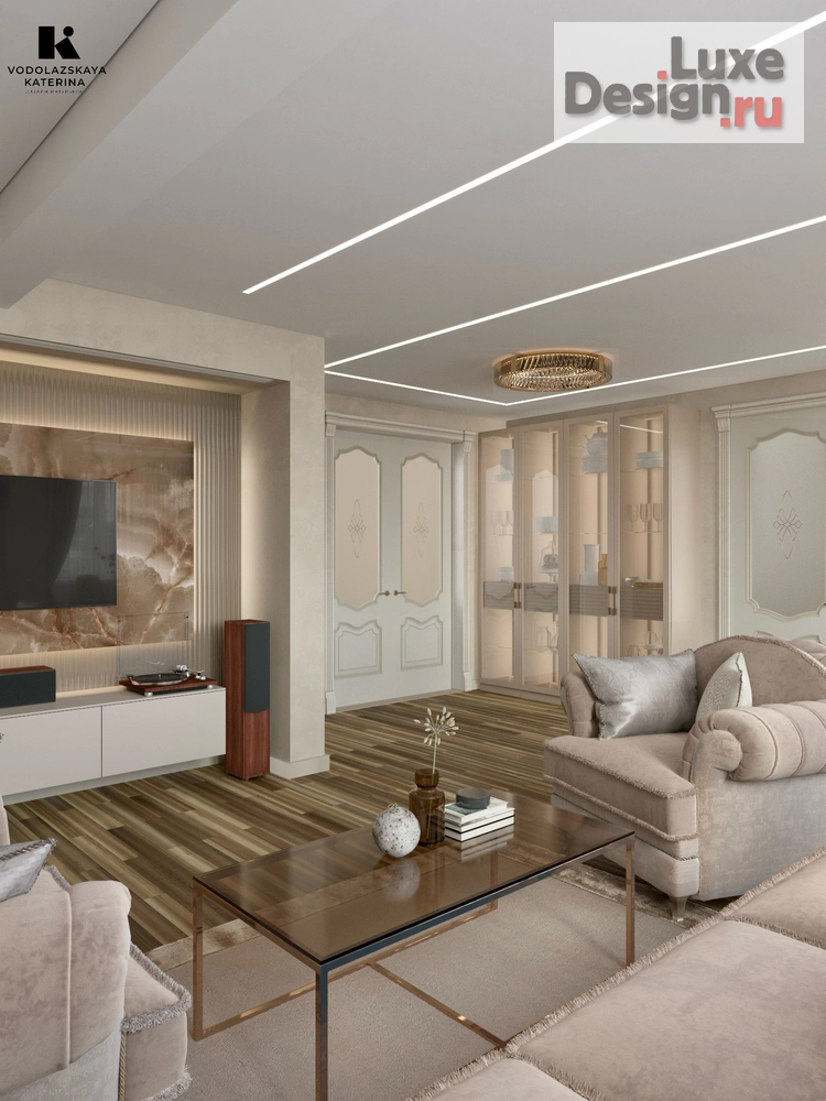 Дизайн интерьера гостиной "Гостиная в бежевых тонах с элементами классики " (фото 4)