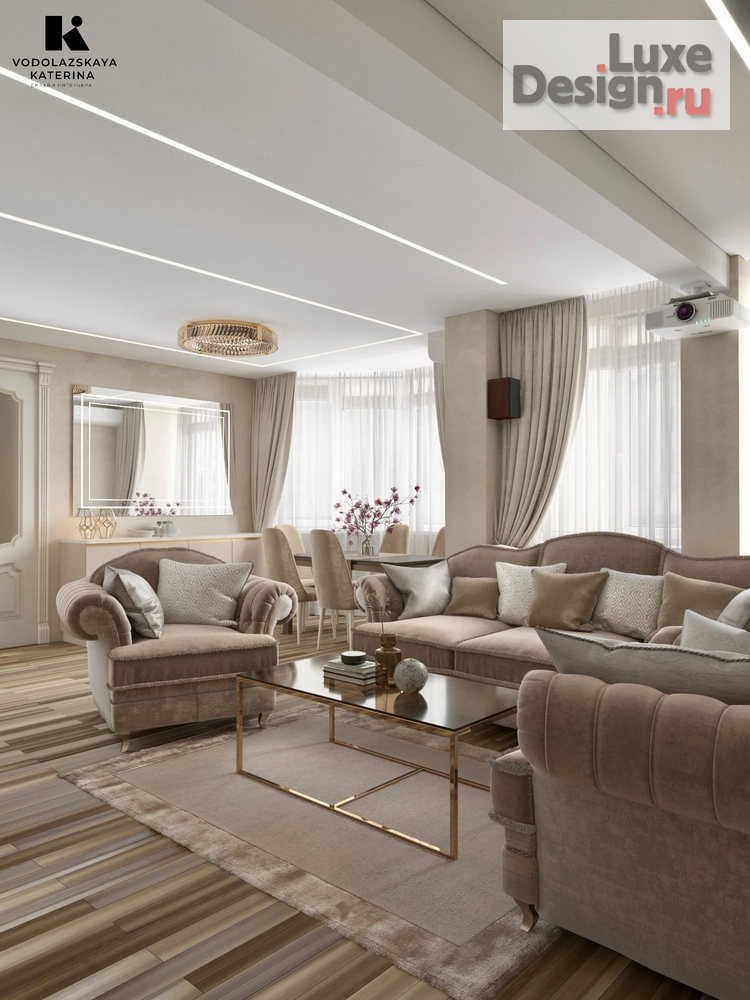 Дизайн интерьера гостиной "Гостиная в бежевых тонах с элементами классики " (фото 7)