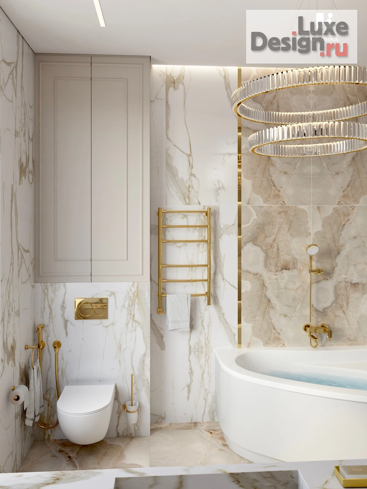 дизайн интерьера санузла "Санузел в частном доме. Итальянский оникс и золото " (фото 3)
