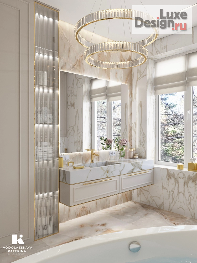 дизайн интерьера санузла "Санузел в частном доме. Итальянский оникс и золото " (фото 1)