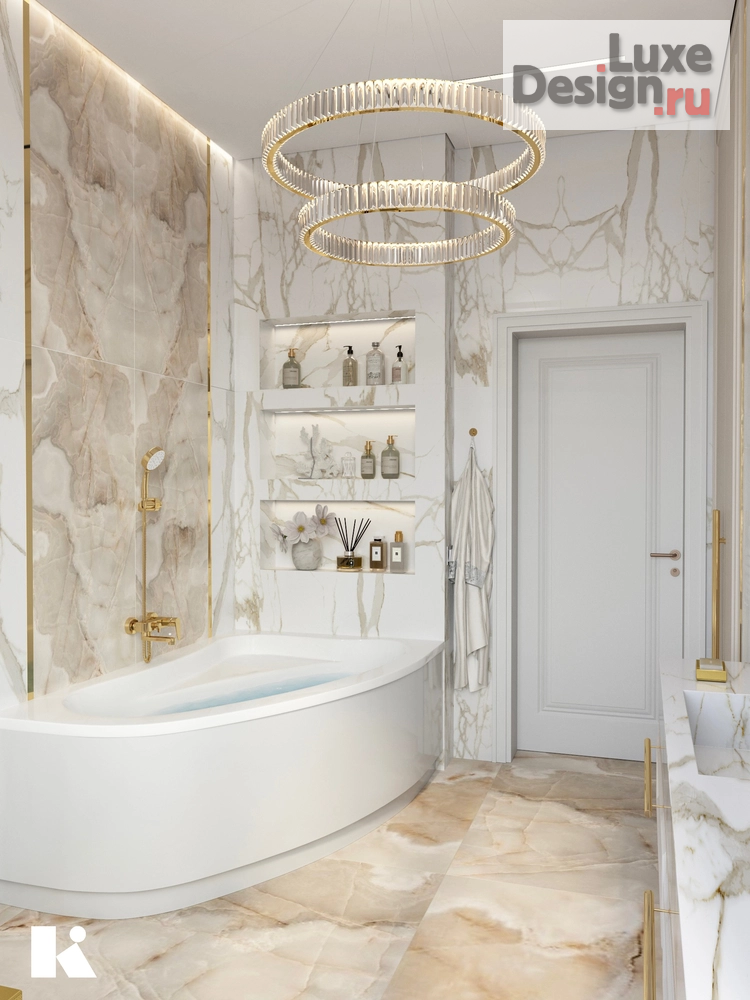 дизайн интерьера санузла "Санузел в частном доме. Итальянский оникс и золото " (фото 6)
